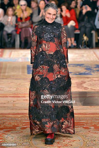 Benedetta Barzini walks the runway at the Antonio Marras show during the Milan Fashion Week Autumn/Winter 2015 on February 28, 2015 in Milan, Italy.