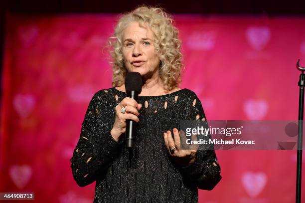 Honoree Carole King speaks onstage at 2014 MusiCares Person Of The Year Honoring Carole King at Los Angeles Convention Center on January 24, 2014 in...