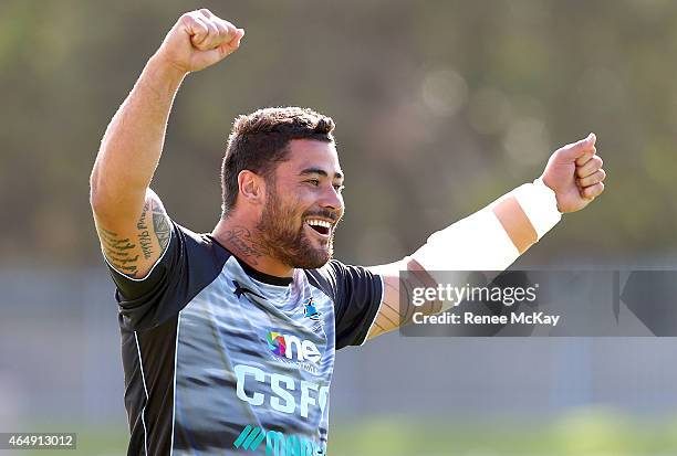 Andrew Fifita jokes around during a Cronulla Sharks NRL training session at Remondis Stadium on March 2, 2015 in Sydney, Australia.