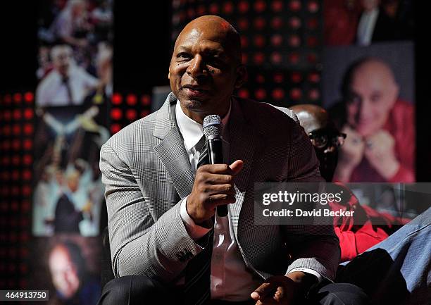 Former UNLV basketball player Jackie Robinson speaks during a tribute to his former coach Jerry Tarkanian at the Thomas & Mack Center on March 1,...