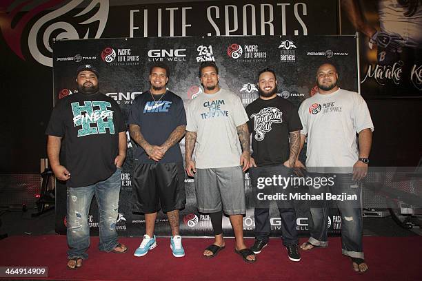 Chris Kemoeatu, Mike Pouncey, Maurkice Pouncey, Ray Maualuga and Maake Kemoeatu attend the Pacific Elite Sports Fitness Center Grand Opening on...