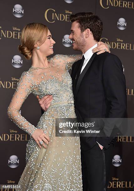 Actors Lily James and Richard Madden attend the premiere of Disney's "Cinderella" at the El Capitan Theatre on March 1, 2015 in Hollywood, California.