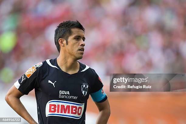 Severo Meza of Monterrey, looks on during a match between Chivas and Monterrey as part of 8th round Clausura 2015 Liga MX at Omnilife Stadium on...