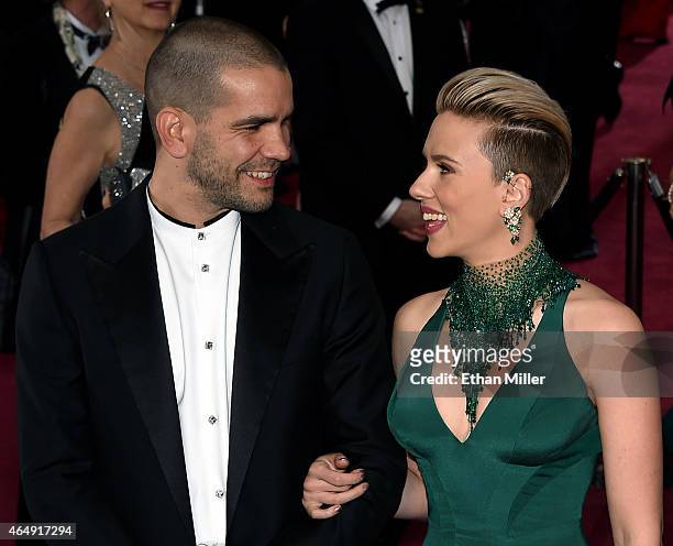 Journalist Romain Dauriac and actress Scarlett Johansson attend the 87th Annual Academy Awards at Hollywood & Highland Center on February 22, 2015 in...