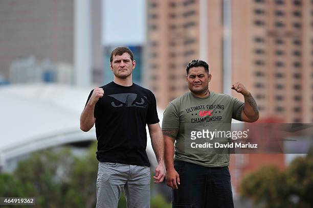 Stipe Miocic and Mark Hunt pose during the UFC Adelaide Media Opportunity at Montefiore Hill, Adelaide on March 2, 2015 in Adelaide, Australia.