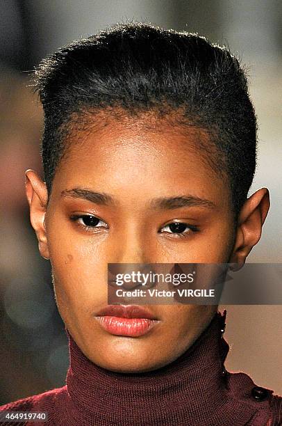 Model walks the runway at the Emilio Pucci show during the Milan Fashion Week Autumn/Winter 2015 on February 28, 2015 in Milan, Italy.