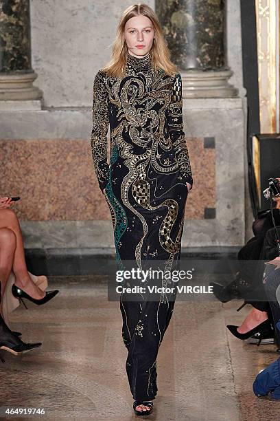 Model walks the runway at the Emilio Pucci show during the Milan Fashion Week Autumn/Winter 2015 on February 28, 2015 in Milan, Italy.