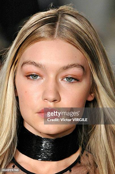 Gigi Hadid walks the runway at the Emilio Pucci show during the Milan Fashion Week Autumn/Winter 2015 on February 28, 2015 in Milan, Italy.