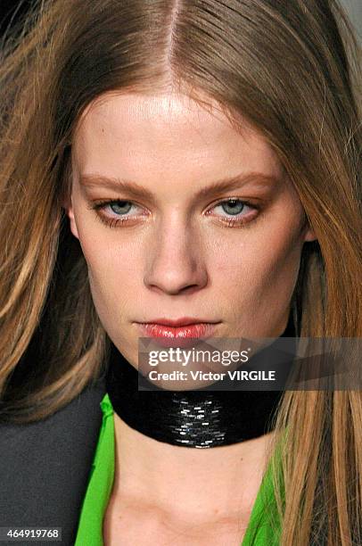 Model walks the runway at the Emilio Pucci show during the Milan Fashion Week Autumn/Winter 2015 on February 28, 2015 in Milan, Italy.