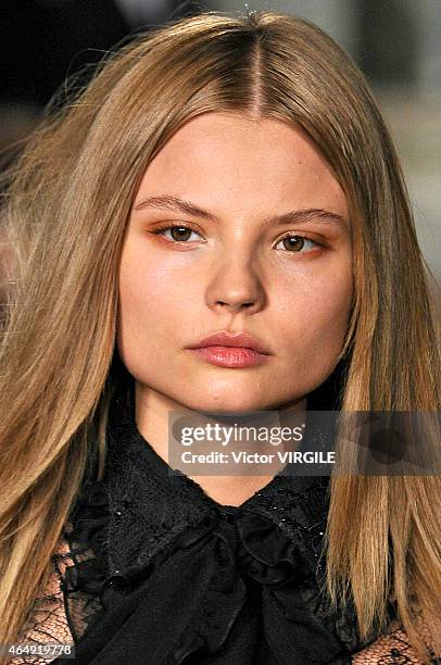 Model walks the runway at the Emilio Pucci show during the Milan Fashion Week Autumn/Winter 2015 on February 28, 2015 in Milan, Italy.