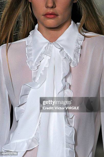 Model walks the runway at the Emilio Pucci show during the Milan Fashion Week Autumn/Winter 2015 on February 28, 2015 in Milan, Italy.