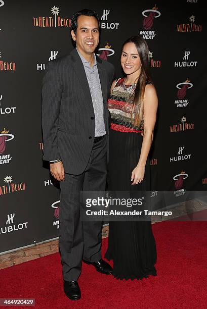 Erik Spoelstra and Nikki Sapp attend the Miami Heat Family Foundation TaHEATi Beach Fundraising Event brought to you by Hublot on January 24, 2014 in...