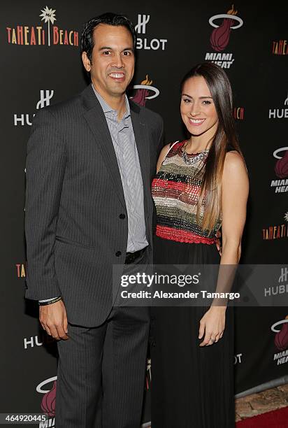 Erik Spoelstra and Nikki Sapp attend the Miami Heat Family Foundation TaHEATi Beach Fundraising Event brought to you by Hublot on January 24, 2014 in...