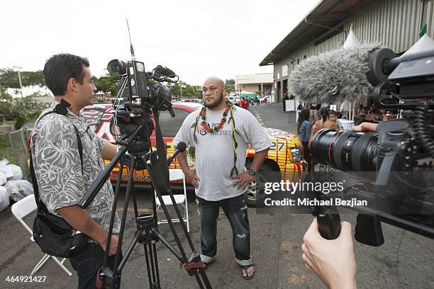 Former Baltimore Ravens player Maake Kemoeatu answers questions at the Pacific Elite Sports Fitness Center Grand Opening on January 24, 2014 in...