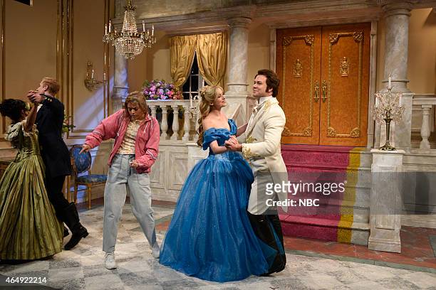 Dakota Johnson" Episode 1676 -- Pictured: Cecily Strong as Kathy-Ann, Dakota Johnson as Cinderella and Taran Killam as The Prince during the...