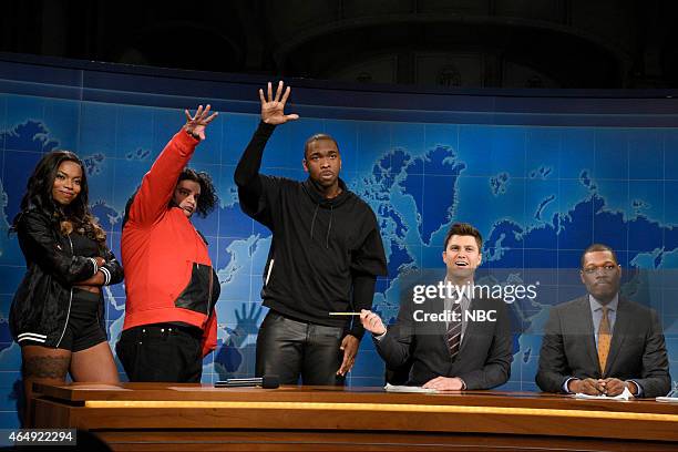 Dakota Johnson" Episode 1676 -- Pictured: Sasheer Zamata, Bobby Moynihan as Riblet, Jay Pharoah as Kanye West, Colin Jost and Michael Che during...