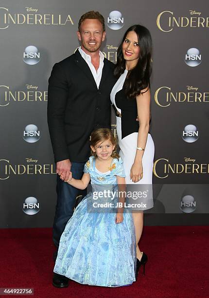 Ian Ziering, Erin Kristine Ludwig and Mia Loren Ziering attend the premiere of Disney's 'Cinderella' at the El Capitan Theatre on March 1, 2015 in...