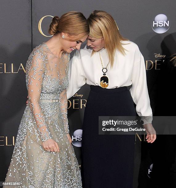 Actors Lily James and Cate Blanchett arrive at the World Premiere of Disney's "Cinderella" at the El Capitan Theatre on March 1, 2015 in Hollywood,...