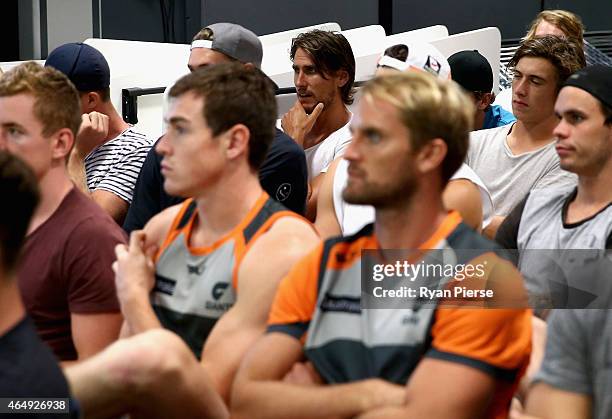 Ryan Griffin of the Giants looks on during a team meeting after a Greater Western Sydney Giants AFL training session at the Giants Training Centre on...