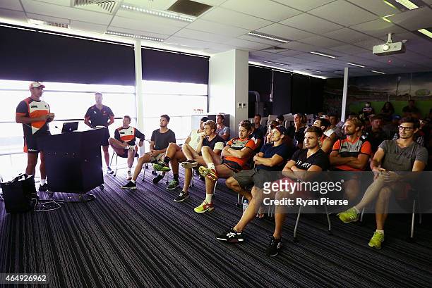 Leon Cameron of the Giants, addresses his players during a team meeting after a Greater Western Sydney Giants AFL training session at the Giants...
