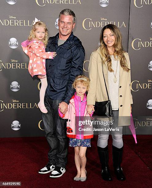 Actor Eric Dane, actress Rebecca Gayheart and children Billie Dane and Georgia Dane attend the premiere of "Cinderella" at the El Capitan Theatre on...