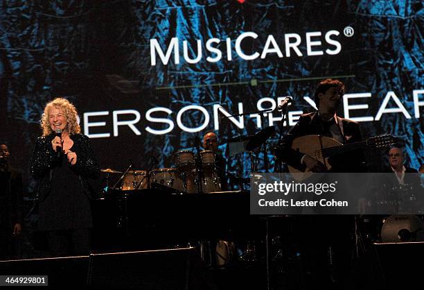 Honoree Carole King and musician Ahmad perform onstage at 2014 MusiCares Person Of The Year Honoring Carole King at Los Angeles Convention Center on...