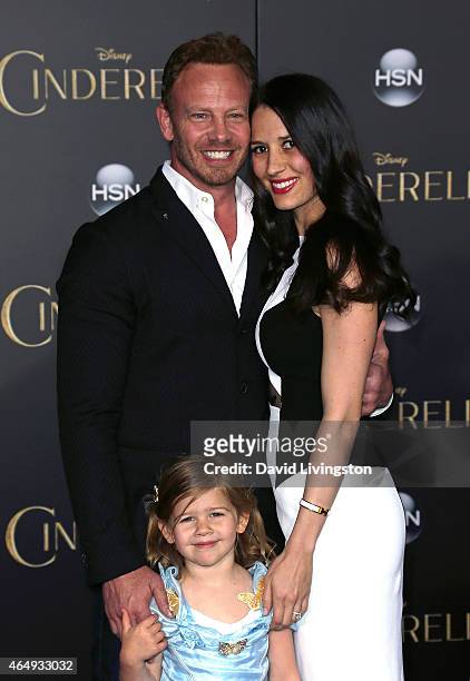 Actor Ian Ziering, wife Erin Kristine Ludwig and daughter Mia Loren Ziering attend the premiere of Disney's "Cinderella" at the El Capitan Theatre on...