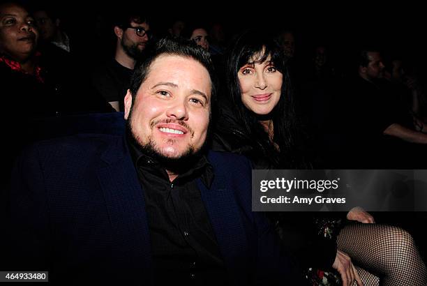 Chaz Bono and Cher attend the Los Angeles Screening of "Dirty" at Writers Guild Theater on March 1, 2015 in Beverly Hills, California.