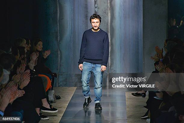 Designer Marco Di Vincenzo walks the runway at the Marco De Vincenzo show during the Milan Fashion Week Autumn/Winter 2015 on February 27, 2015 in...