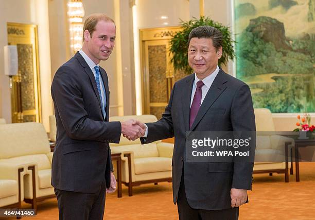 Prince William, Duke of Cambridge meets with Chinese President Xi Jinping at the Great Hall of the People on March 2, 2015 in Beijing, China. The...