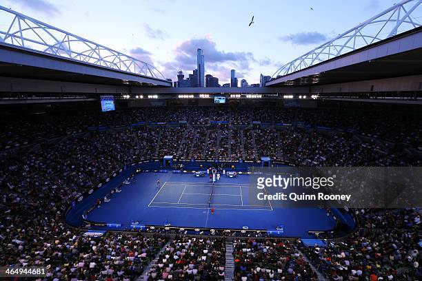 General view of Rod Laver Arena as Dominika Cibulkova of Slovakia serves in her women's final match against Na Li of China during day 13 of the 2014...