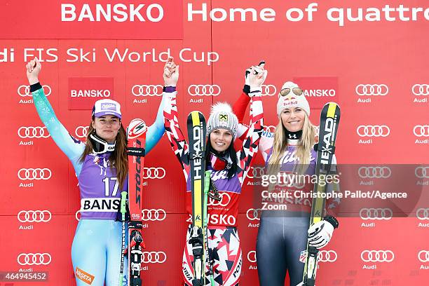 Anna Fenninger of Austria takes 1st place, Tina Maze of Slovenia takes 2nd place, Lindsey Vonn of the USA takes 3rd place during the Audi FIS Alpine...