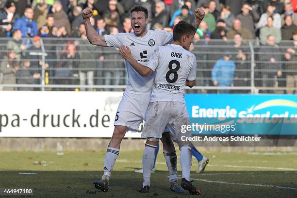 Kevin Maek and Thomas Birk of Elversberg during the Regionalliga Suedwest match between SV Elversberg and 1. FC Saarbruecken on February 28, 2015 in...