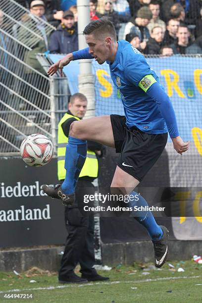 Jan Fiesser of Saarbruecken during the Regionalliga Suedwest match between SV Elversberg and 1. FC Saarbruecken on February 28, 2015 in Neunkirchen,...