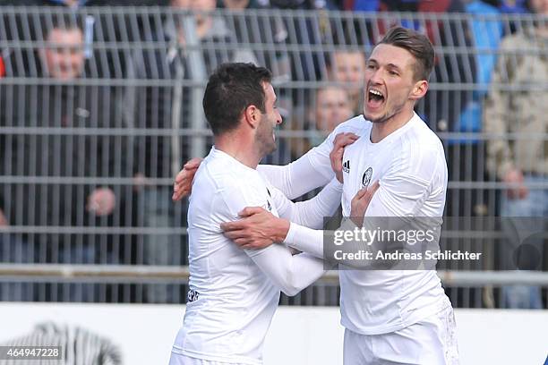 Maximilian Nicu and Mijo Tunjic of Elversberg during the Regionalliga Suedwest match between SV Elversberg and 1. FC Saarbruecken on February 28,...