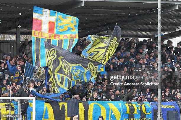 Fans from Saarbruecken during the Regionalliga Suedwest match between SV Elversberg and 1. FC Saarbruecken on February 28, 2015 in Neunkirchen,...