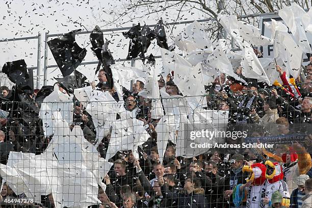 Fans from Elversberg during the Regionalliga Suedwest match between SV Elversberg and 1. FC Saarbruecken on February 28, 2015 in Neunkirchen, Germany.