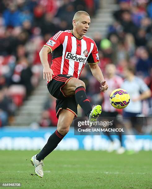 Sunderland's English defender Wes Brown controls the ball during the English Premier League football match between Sunderland and West Bromwich...