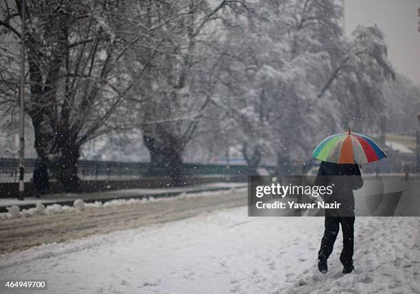 Kashmiri man holds an umbrella as he walks during a fresh snowfall on March 2, 2015 in Srinagar, Indian Administered Kashmir, India. Several parts of...