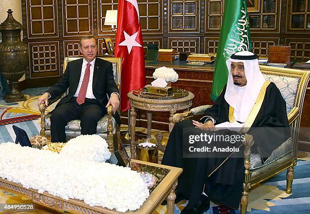 Turkish President Recep Tayyip Erdogan meets King of Saudi Arabia, Salman bin Abdulaziz Al Saud at Riyadh's Erga Palace in Saudi Arabia on March 2,...