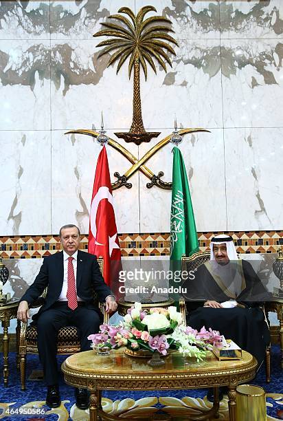 Turkish President Recep Tayyip Erdogan meets with King of Saudi Arabia, Salman bin Abdulaziz Al Saud at Riyadh's Erga Palace in Saudi Arabia on March...