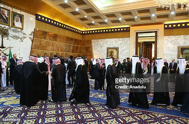 Turkish President Recep Tayyip Erdogan meets with delegates after he welcomed by King of Saudi Arabia, Salman bin Abdulaziz Al Saud at Riyadh's Erga...
