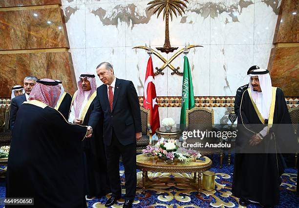 Turkish President Recep Tayyip Erdogan meets with delegates after he welcomed by King of Saudi Arabia, Salman bin Abdulaziz Al Saud at Riyadh's Erga...