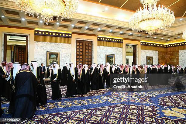 Turkish President Recep Tayyip Erdogan meets with delegates after he welcomed by King of Saudi Arabia, Salman bin Abdulaziz Al Saud at Riyadh's Erga...