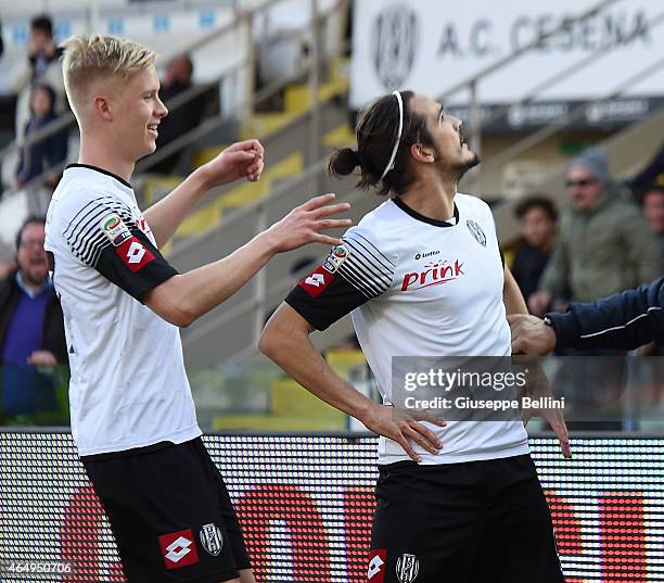 Alejandro Rodriguez of Cesena celebrates after scoring the opening goal during the Serie A match between AC Cesena and Udinese Calcio at Dino Manuzzi...