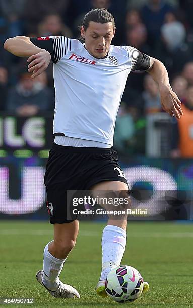 Milan Djuric of Cesena in action during the Serie A match between AC Cesena and Udinese Calcio at Dino Manuzzi Stadium on March 1, 2015 in Cesena,...