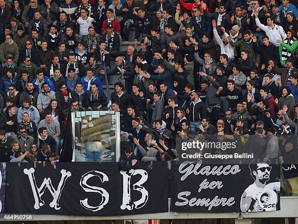 Fans of Cesena during the Serie A match between AC Cesena and Udinese Calcio at Dino Manuzzi Stadium on March 1, 2015 in Cesena, Italy.