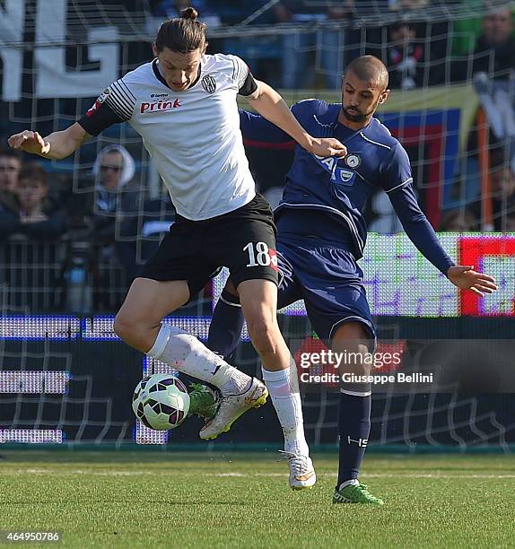 Milan Djuric of Cesena and Danilo of Udinese in action during the Serie A match between AC Cesena and Udinese Calcio at Dino Manuzzi Stadium on March...