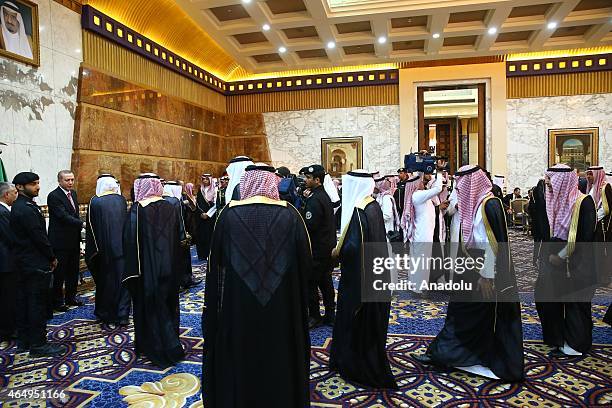 Turkish President Recep Tayyip Erdogan meets with delegates after he welcomed by King of Saudi Arabia, Salman bin Abdulaziz Al Saud at Riyadh's Erga...