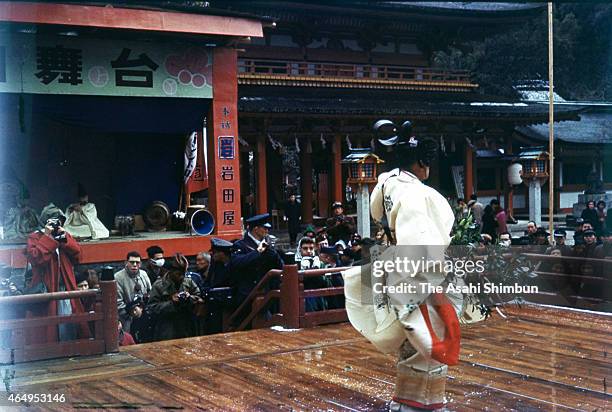 Dance is performed to dedicate at Dazaifu Tenmangu Shrine on March 3, 1955 in Dazaifu, Fukuoka, Japan.